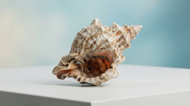 A large, spiraled seashell rests on a white surface.