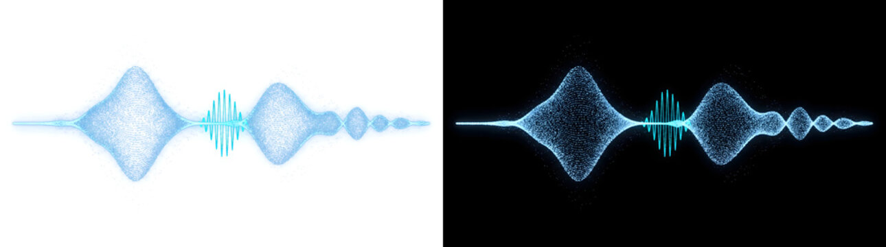 Sound wave made of dense blue particle clusters forming spindle shapes along a horizontal frequency line great for music technology design with PNG, Transparent and Black Background Versions