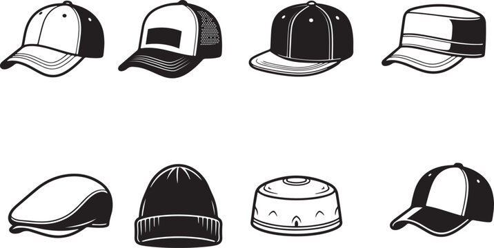 A collection of various headwear styles presented as a black and white vector illustration caps