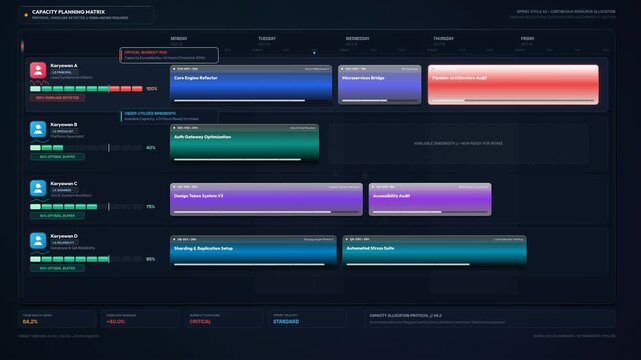 Team capacity planning matrix dashboard UI animation showing project manager rebalancing workload by dragging tasks between employees to achieve dynamic capacity equilibrium