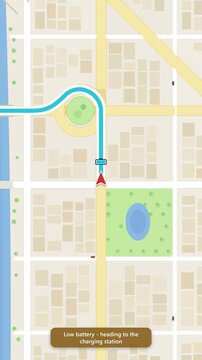 Animated GPS map follows low-battery car navigating to EV charging station and recharging. Flat city map design with river and park. Vertical format for electric vehicle and travel app themes.