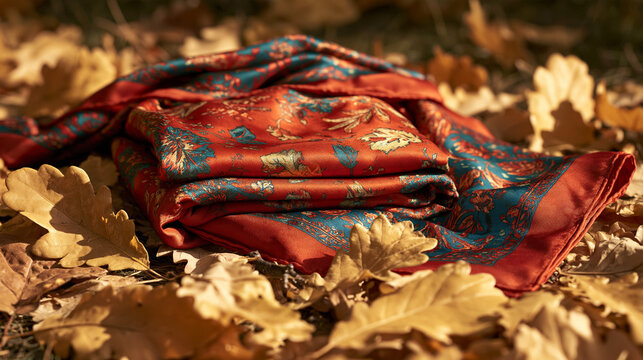 Red and teal patterned scarf folded on autumn leaves, warm fall fashion accessory flat lay, seasonal textile photography with rich colors and cozy autumn mood