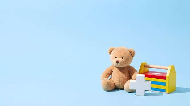 Teddy bear with a medical cross and a toy first aid kit