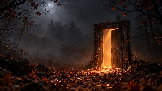 Old rustic wooden door in mysterious dark forest path during autumn season