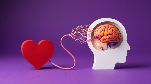 A red heart connected to a human head silhouette with a brain showing the connection between emotions and logic