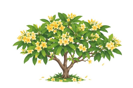 Yellow Kamboja Bali Tree Isolated on White Background, Tropical Frangipani Plumeria Illustration