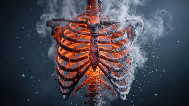 Human rib cage structure is burning with intense glowing embers and smoke World Pneumo