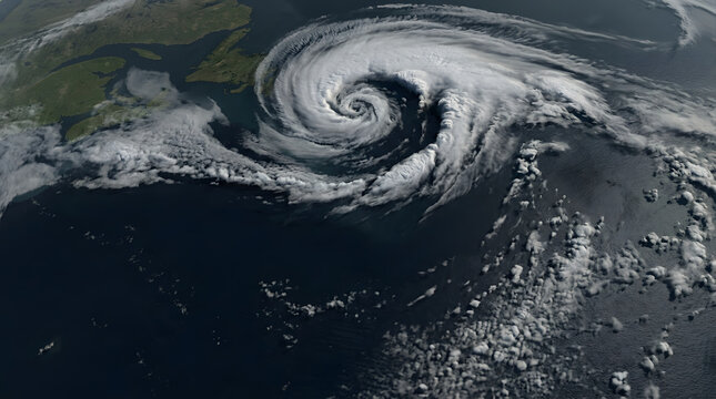 Hurricane satellite view, massive cyclone swirling over the ocean near coastal land, powerful storm eye with dense cloud formations, earth orbit perspective, news media and climate research usage.