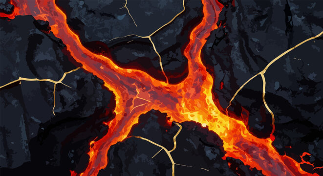 Molten lava flowing through cracked volcanic rock, glowing magma river in dark stone landscape, fiery volcanic eruption background vector