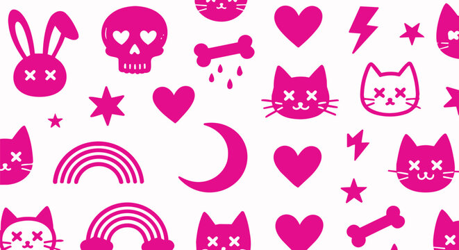 Y2K aesthetic pink icons pattern, emo punk vector stickers with cats and skulls, vibrant magenta pop art elements for edgy streetwear design