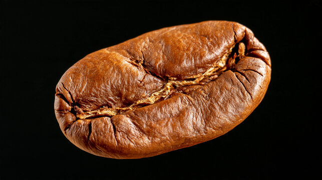 Extreme close-up of a single roasted coffee bean falling in midair, intricate cracked surface, glossy natural oils and fine texture clearly visible, isolated against a seamless black background, dra