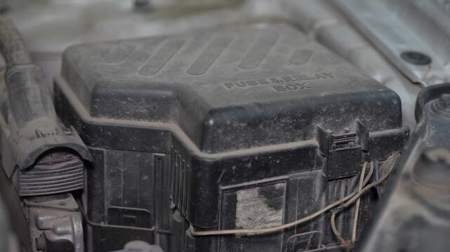 A dusty black plastic car fuse and relay box underhood.
