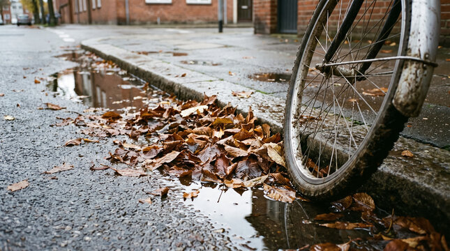 Fallen Autumn Leaves in Puddle by Street Curb with Bicycle Wheel on Wet Asphalt. Concept of urban curb, city street.