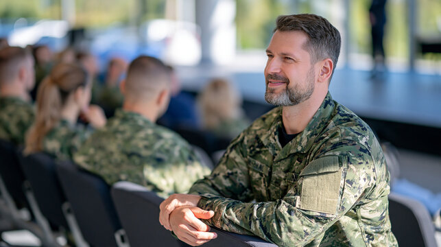 Low-angle photographic scene from behind seated officers in contemporary camouflage uniforms inside a bright military academy lecture hall, distant senior officer rendered as a soft out-of-focus sil