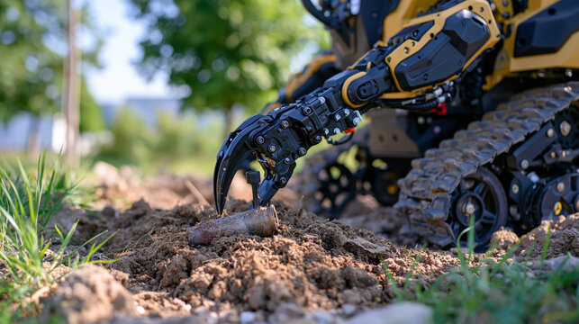 Macro-style stock image of a robust EOD inspection robot using a precision mechanical claw to position a small sensor beside a weathered inert metallic shell casing in dry soil, sharp details on art