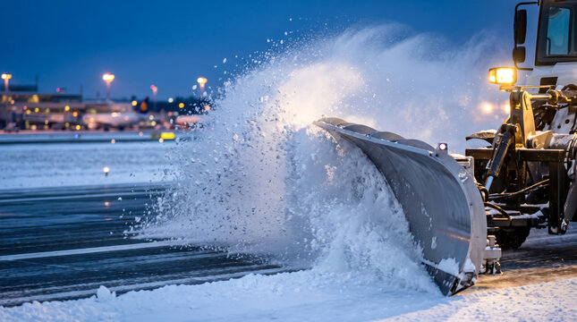 A snow plow clears snow from an airport runway at dusk. The lights in the background indicate ongoing airport operations despite the winter weather