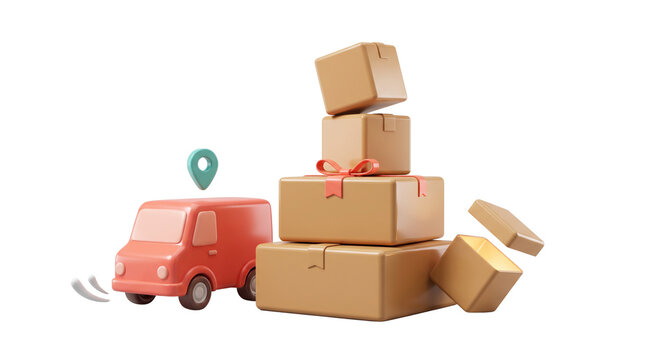 3D delivery van and cardboard boxes, logistics transport and shipping service concept, red courier truck with location pin and parcel stack isolated PNG with Transparent Background