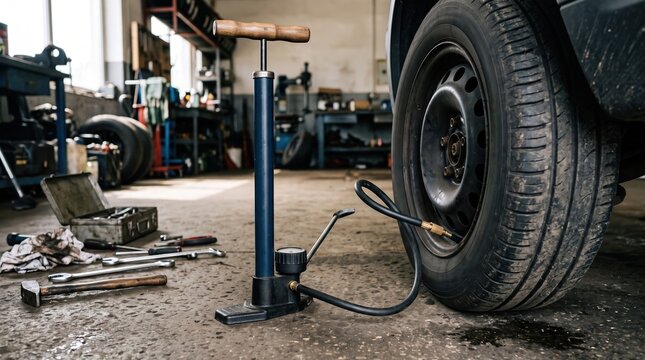 Pumping car tire with foot pump in garage