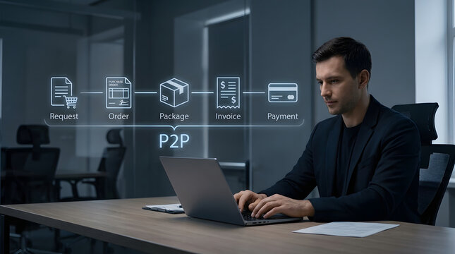 Procurement process manager, businessman operating automated digital p2p workflow, glowing icons of shipping billing and transaction stages, dark contemporary corporate workspace, ecommerce software