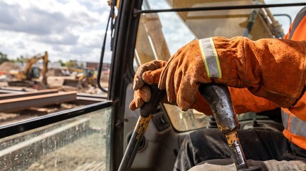 Fototapeta premium Heavy machinery operator hands on excavator controls, construction worker in safety gear operating earthmoving equipment, industrial site development