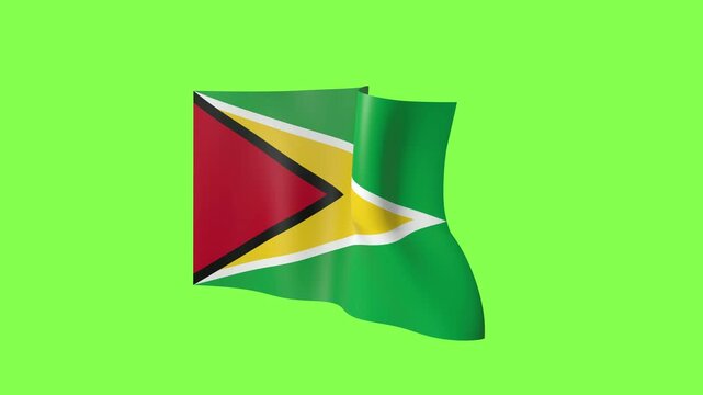 Guyana Flag Waving on Green Screen. Guyanese National Flag With Green Field, Golden Arrowhead and Red Triangle Fluttering in the Wind. Chroma Key Animation