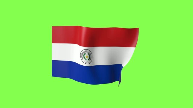 Paraguay Flag Waving on Green Screen. Paraguayan National Flag With Red, White and Blue Stripes and Emblem Fluttering in the Wind. Chroma Key Animation