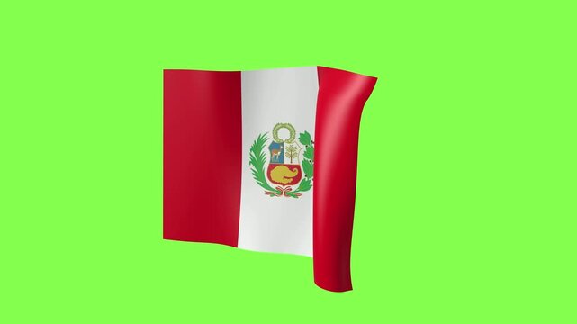 Peru Flag Waving on Green Screen. Peruvian National Flag With Red and White Stripes and Coat of Arms Fluttering in the Wind. Chroma Key Animation