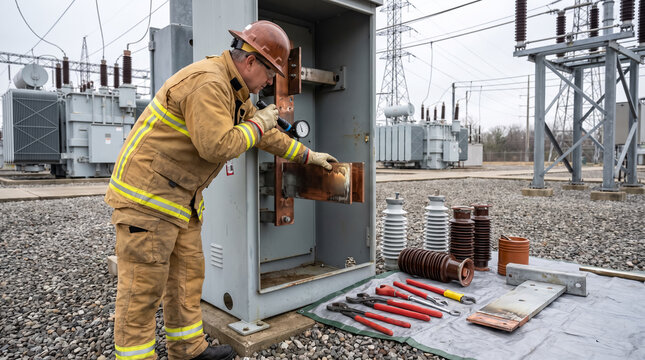 Electrician inspecting electrical disconnect switch and substation equipment during maintenance. Concept of electrical power, high voltage, power plant, electrical technician, inspection.