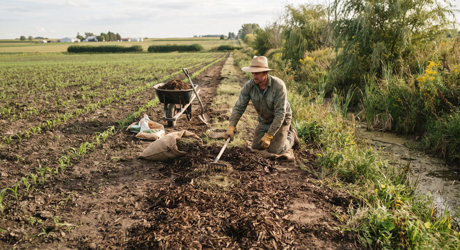 Farmer mulching soil near vegetated buffer strip and drainage ditch in agricultural field. Concept of agriculture, conservation, soil protection.