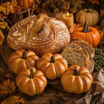 Artisan sourdough bread and pumpkin shaped dinner rolls served on wooden board with autumn pumpkins and candle for Halloween feast   