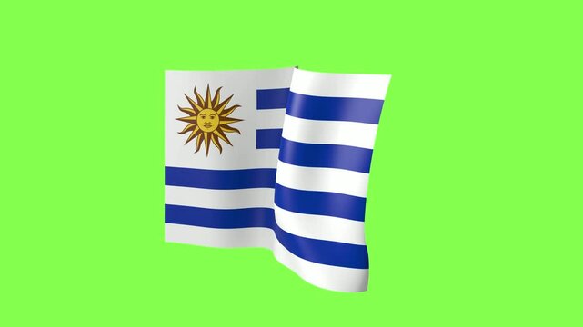 Uruguay Flag Waving on Green Screen. Uruguayan National Flag With White and Blue Stripes and Golden Sun of May Fluttering in the Wind. Chroma Key Animation