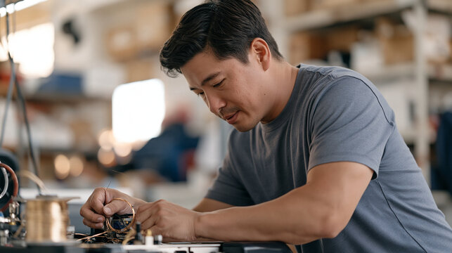 Adult literacy program sample demonstrator repairing a broken label printer in a modest warehouse storeroom, a spool of wire feeding through the mechanism, solitary individual