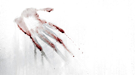 A smeared bloody handprint on wet glass with dripping streaks and scattered droplets as a PNG isolated on a transparent background for horror design © Imran