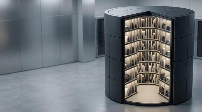 Data center storage, cylindrical server rack glowing internal shelves, electronic folders digital document management, industrial clean room minimalist office space, corporate tech advertising banner