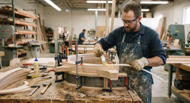 Carpenter applying glue on curved wood lamination in furniture manufacturing workshop. Concept of woodworking, craftsman.
