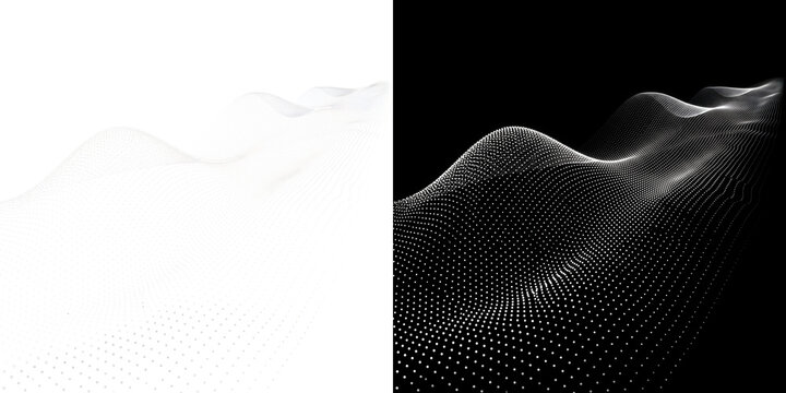 Digital particle wave forming a rolling terrain surface made of small dots in perspective ideal for technology background design with PNG, Transparent and Black Background Versions