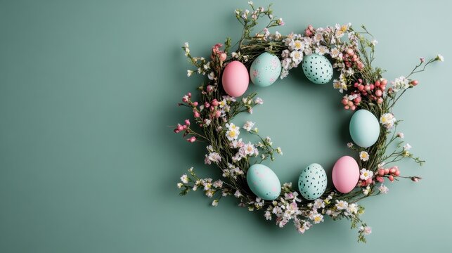 Pastel Easter Egg Arrangement with Spring Flowers on Green Background - Festive Holiday Still Life Photography