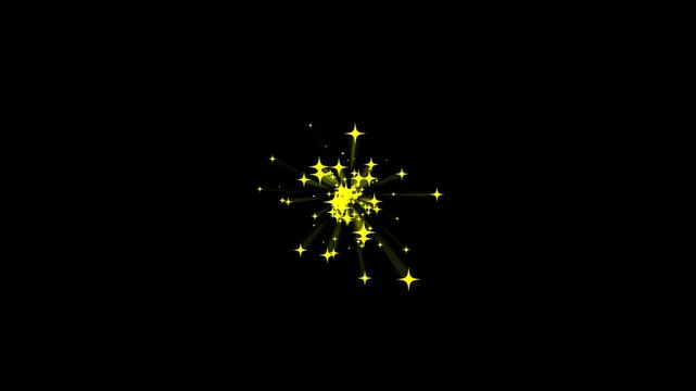 Glowing yollow star burst sparkle trail with shimmering particles, magical glitter explosion and twinkling light effects, overlay, black screen motion graphics, 4K video