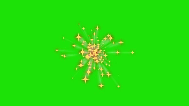 Golden stars burst, glitter sparkle trail with glowing magic particles, twinkling and shimmering dust festive Christmas light effects, on green screen overlay, seamless 4K animation