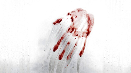 A smeared bloody handprint on wet glass with vertical dripping streaks and scattered droplets as a PNG isolated on a transparent background for horror design © Imran