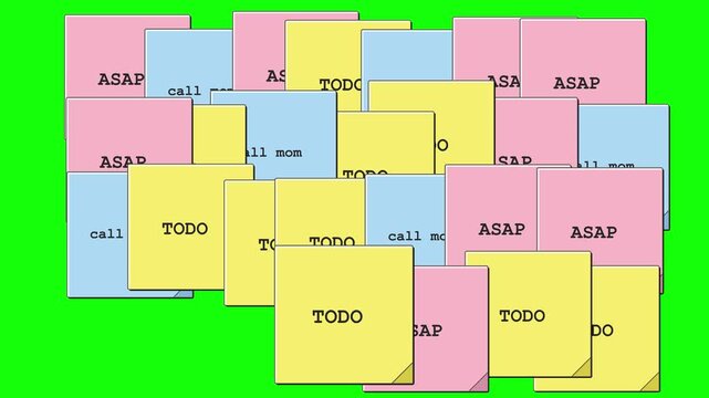 Sticky notes labeled ASAP, TODO, and call mom pile up on green screen in horizontal format. Task reminders multiply into overwhelming workload chaos for productivity and stress themes.