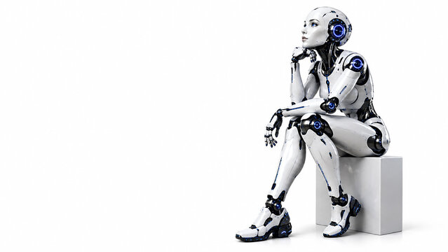 Futuristic AI Humanoid Robot Assistant with Blue Technology Lights Isolated on White Background