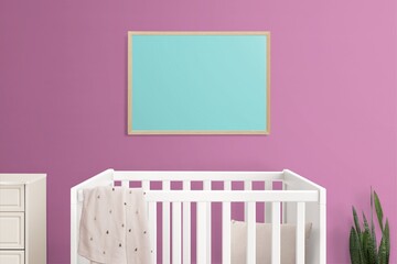 Pastel nursery with white crib, pink wall, blank frame