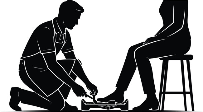 Shoe Store Clerk Measuring Customer Foot with Brannock Device Vector Illustration