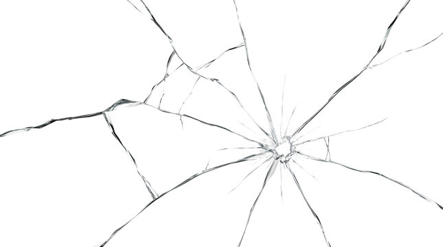 A detailed cracked glass radial fracture with sharp lines and a shattered central impact point as a PNG isolated on a transparent background for graphic design