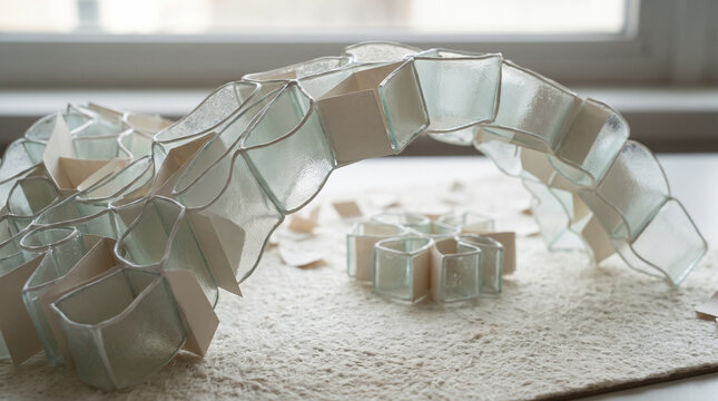 Curved glass and paper sculpture forming modular arch architectural. Concept of architectural model, modular design, cellular structure, parametric design, modern art, craft object, glass blocks.