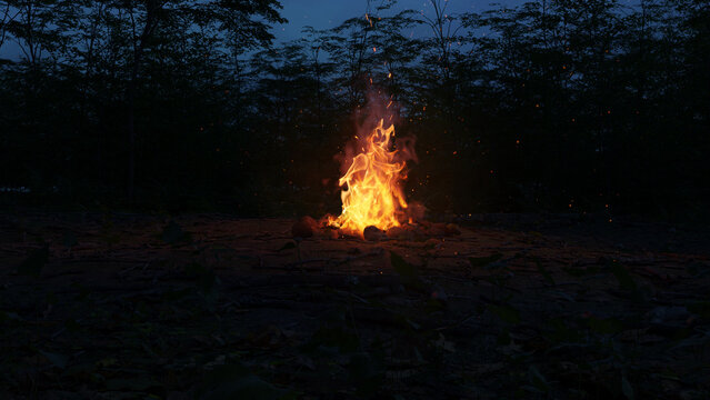 3D rendering of a brightly glowing campfire with sparks in a forest clearing at night