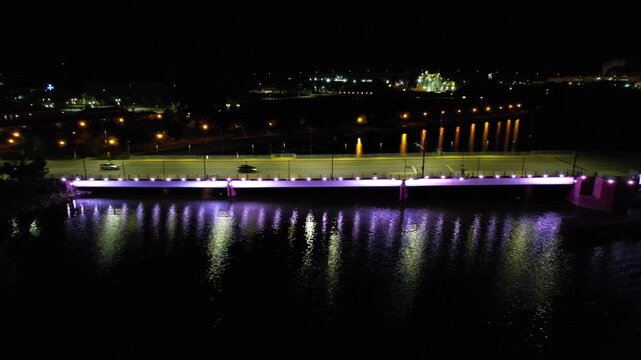 Right to Left Bridge Night Aerial of downtown Green Bay Wisconsin on the Fox River.