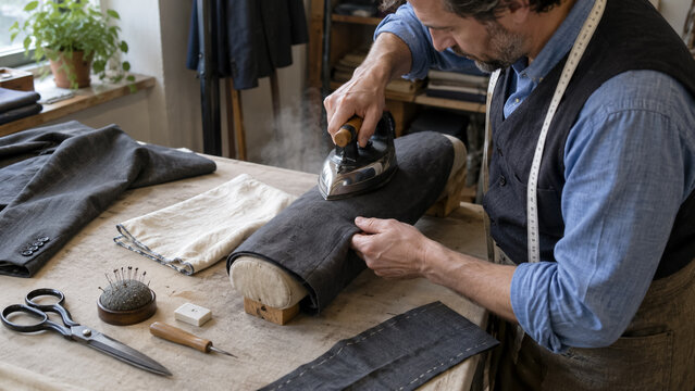 Professional tailor pressing suit sleeve with steam iron on tailor ham in atelier. Concept of suit maker, bespoke.
