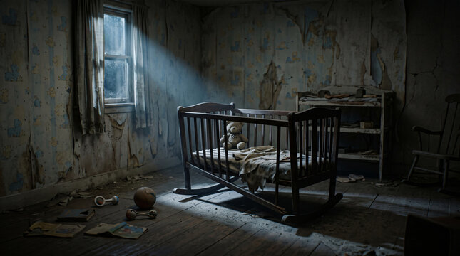 Cinematic photo of an abandoned nursery room with a broken crib and torn wallpaper